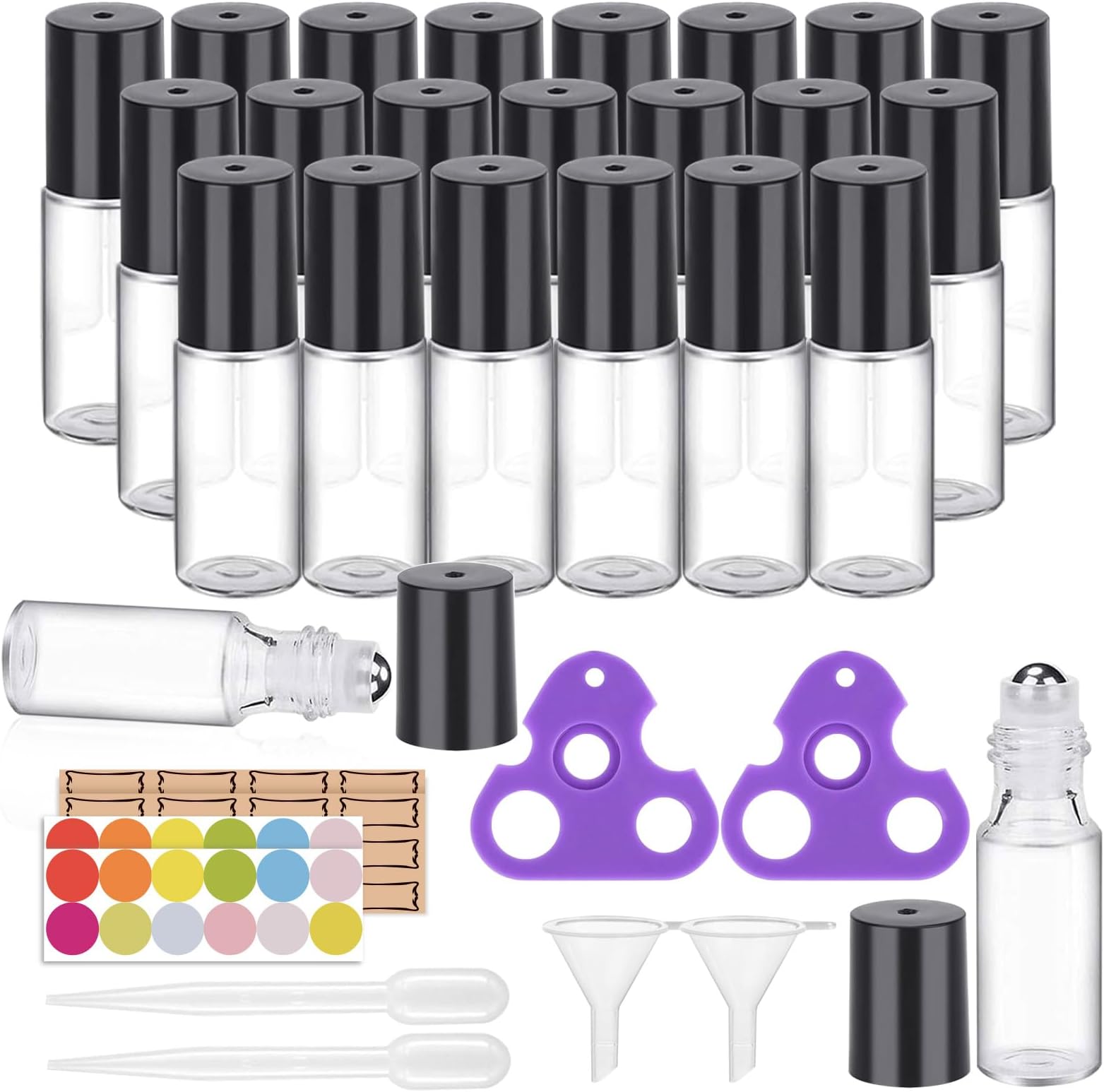 Easytle Essential Oil Roller Bottles 24 Pack 5ml Clear Glass Roller Bottles for Oils (96 Pieces Labels, 2 Opener, 4 Funnels, 4 Dropper) Roll on Bottle with Stainless Steel Roller Balls and Caps