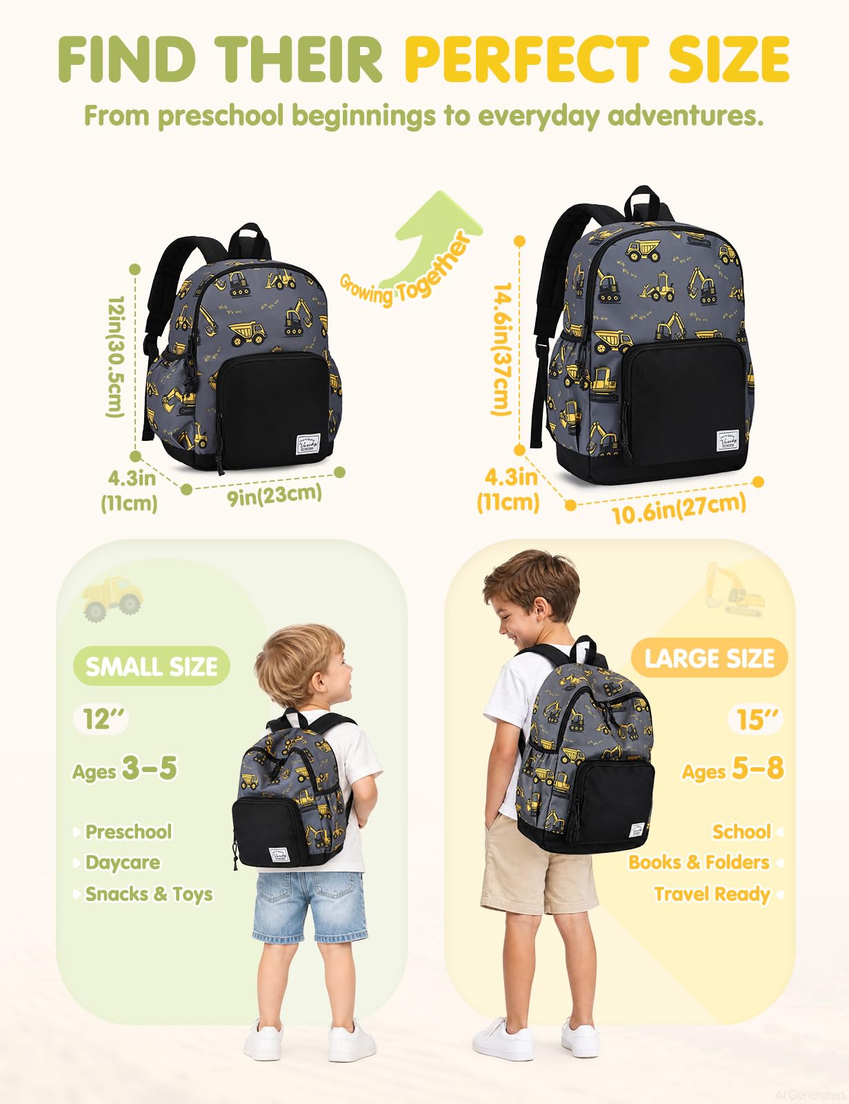 VASCHY Sac à Dos Enfant, Léger Cartable Filles Garcons Primaire Maternelle 4-6 Ans Imperméable Mignon Sac à Dos Fille Garçon pour A4 Dossier Préscolaire Voyage avec Sangle de Poitrine
