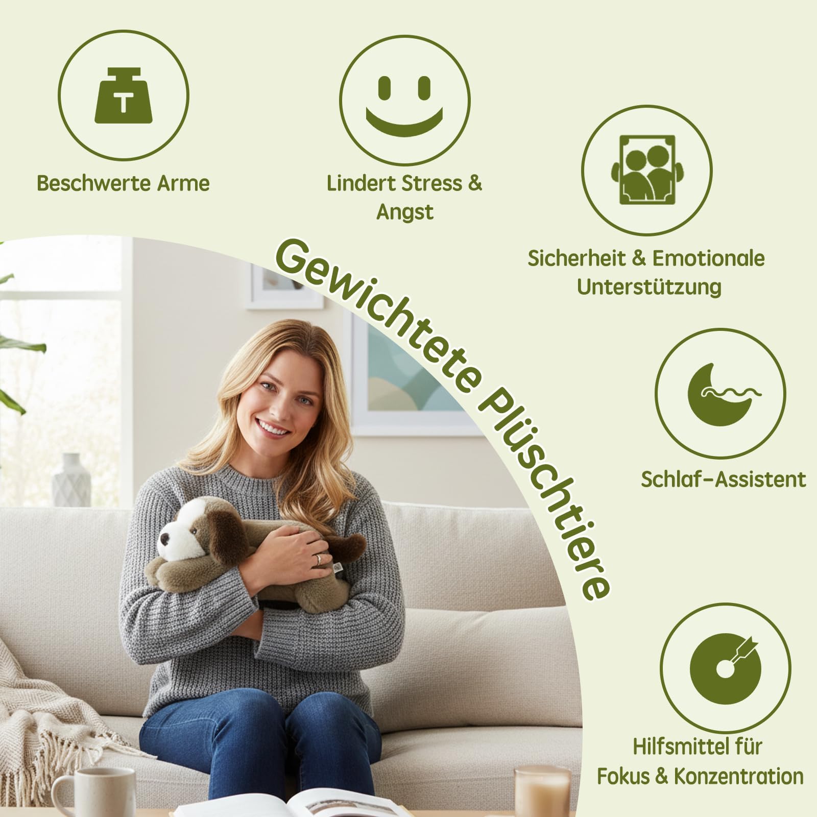 Hund Gewichtetes Plüschtier Kuscheltier, kuscheliges Stofftier für Erwachsene Kinder, Weiches Plüschkissen für Umarmungsgefährte zur Angstlinderung und Schlafunterstützung (Hund, 65cm)