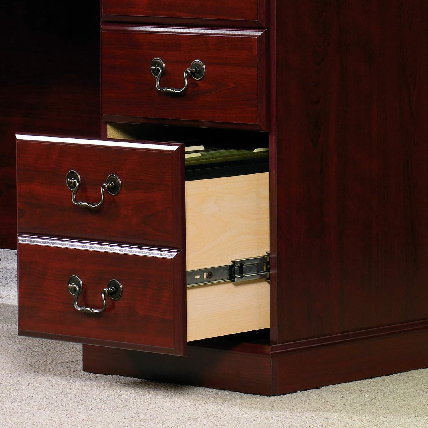 Open file drawer of the Sauder Heritage Hill Executive Desk showing hanging files