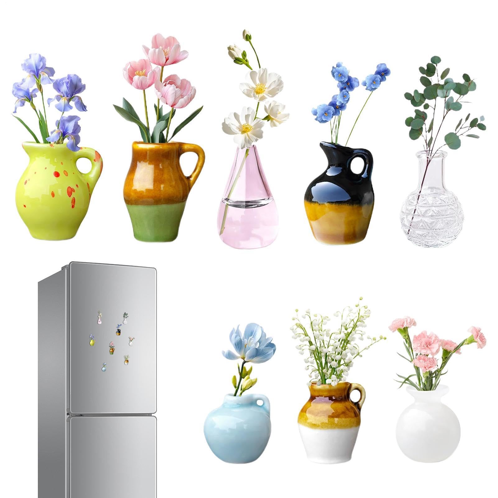 Aimants pour réfrigérateur en céramique : set de 8 mini vases à fleurs pour déco de cuisine