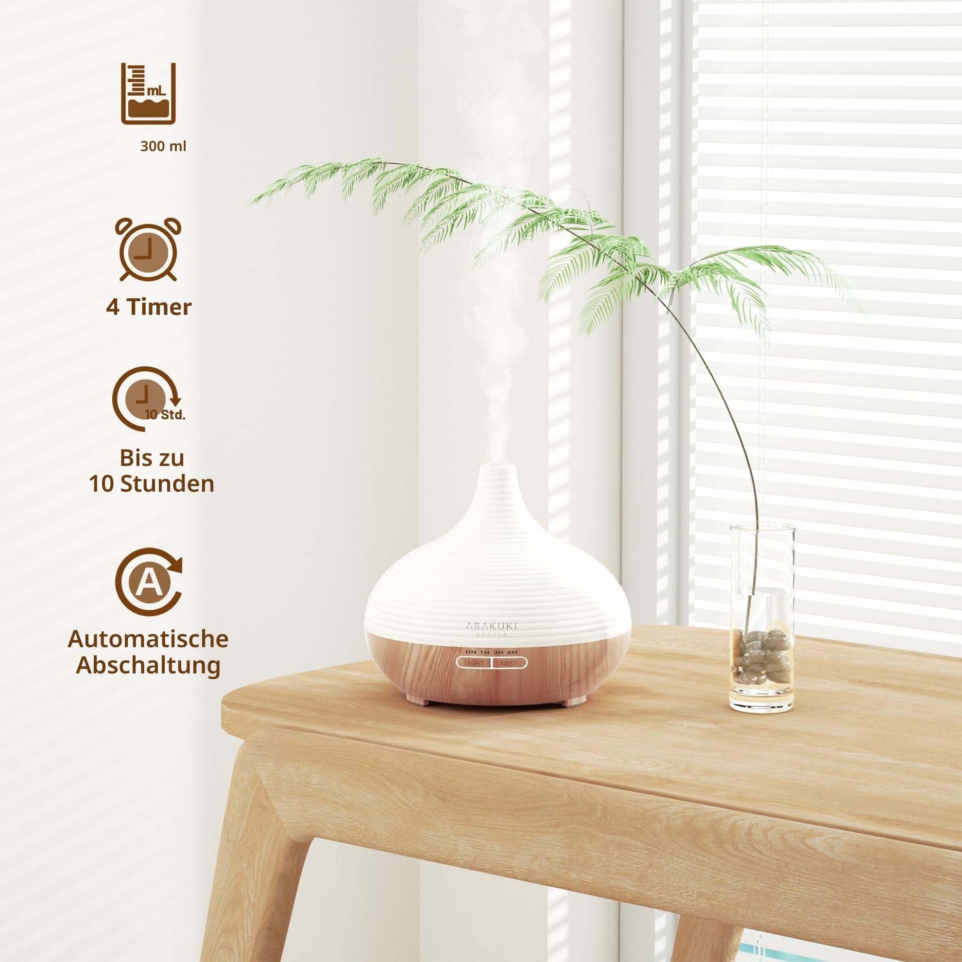 ASAKUKI Aroma Diffuser, 300ml Diffusor für ätherische Öle, Ultraschall Aromatherapie Diffuser, Klassischer Diffuser für Zuhause Büro Yoga, Geschenk