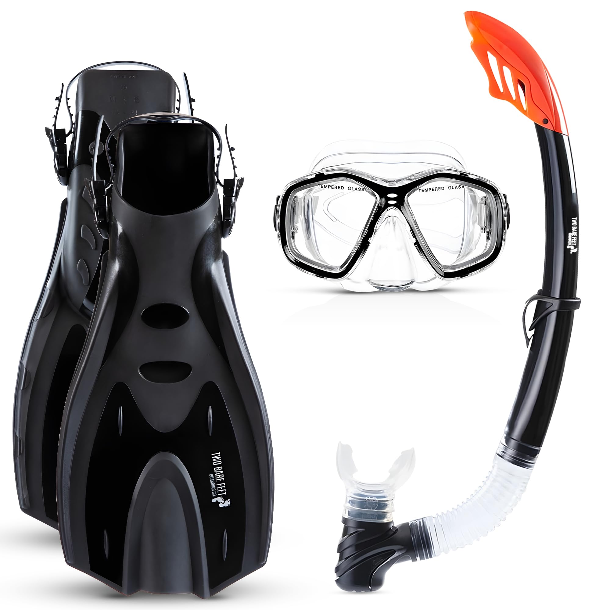 Two Bare Feet Snorkel, Mask and Fins/Flippers PVC Snorkelling Set (Adults) With Anti Fog and Wide View Mask, Anti-Leak, Tempered Glass - Scuba Dive Snorkelling Sets (S/M (UK4.5-8.5), Black)