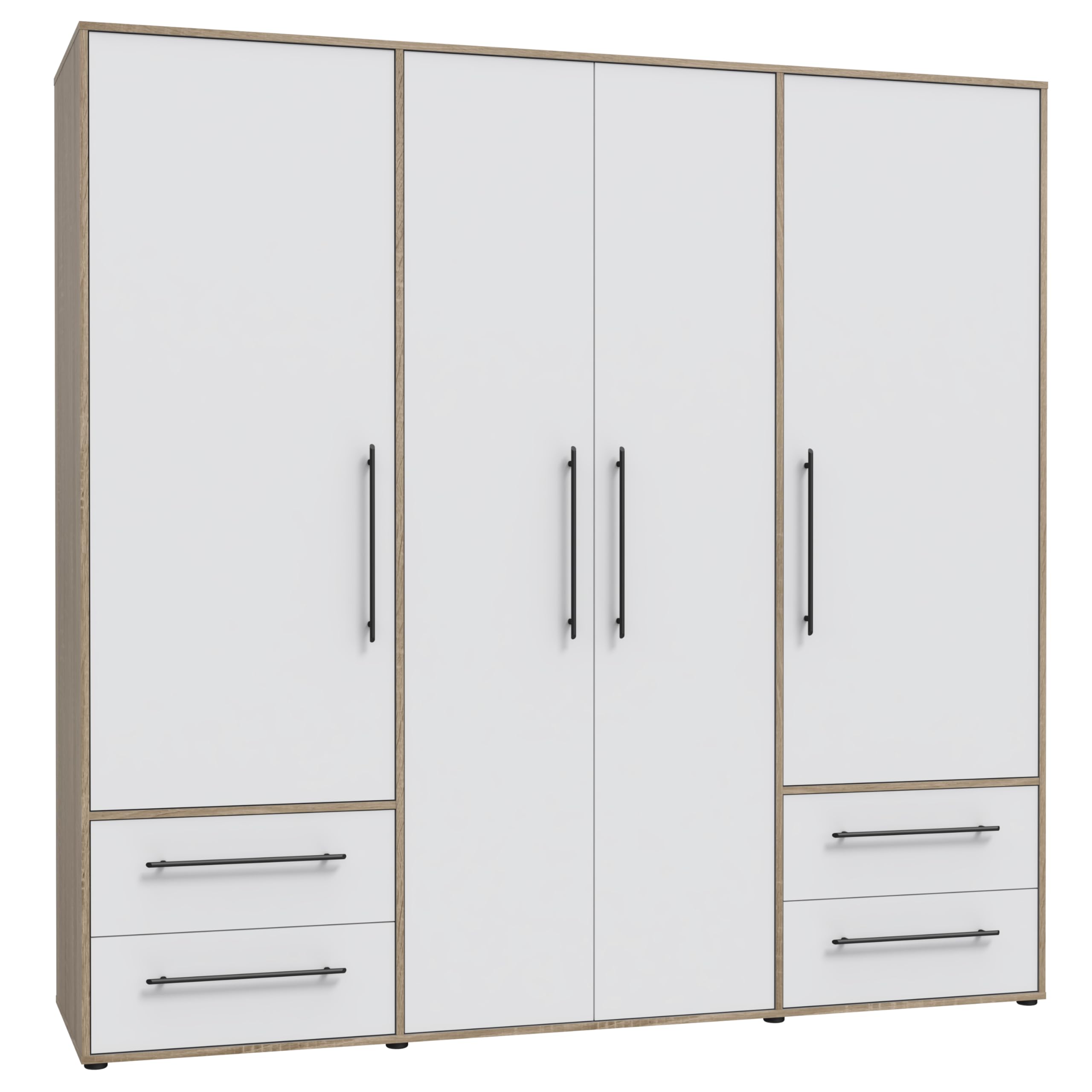 FORTE Jupiter Schrank 200 210, Kleiderschrank, Drehtürenschrank, 4-türig, mit 4 Schubladen und Einlegeböden, Weiß mit Holz Dekor: Sonoma Eiche, 206 cm breit x 59 cm tief x 200 cm hoch