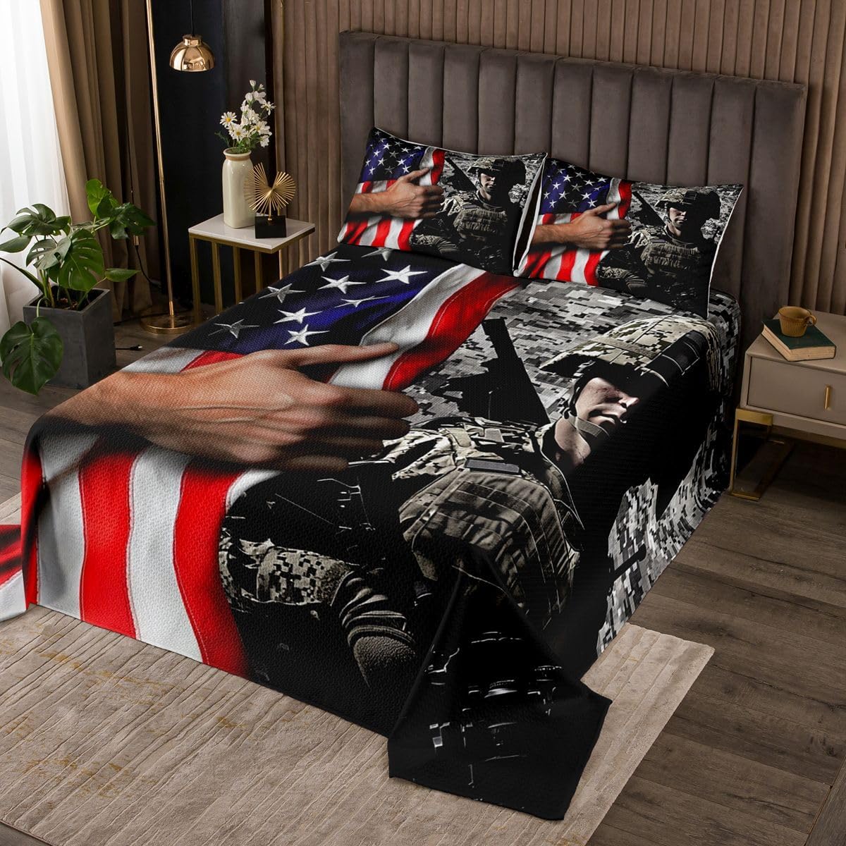 Erosebridal American Flag Bedding Set Twin for Boys Teen Military Camo Bedspread Adult Women Men Army Camouflage USA Flag Quilted Coverlet Vintage Camo American Flag Bedding Collections