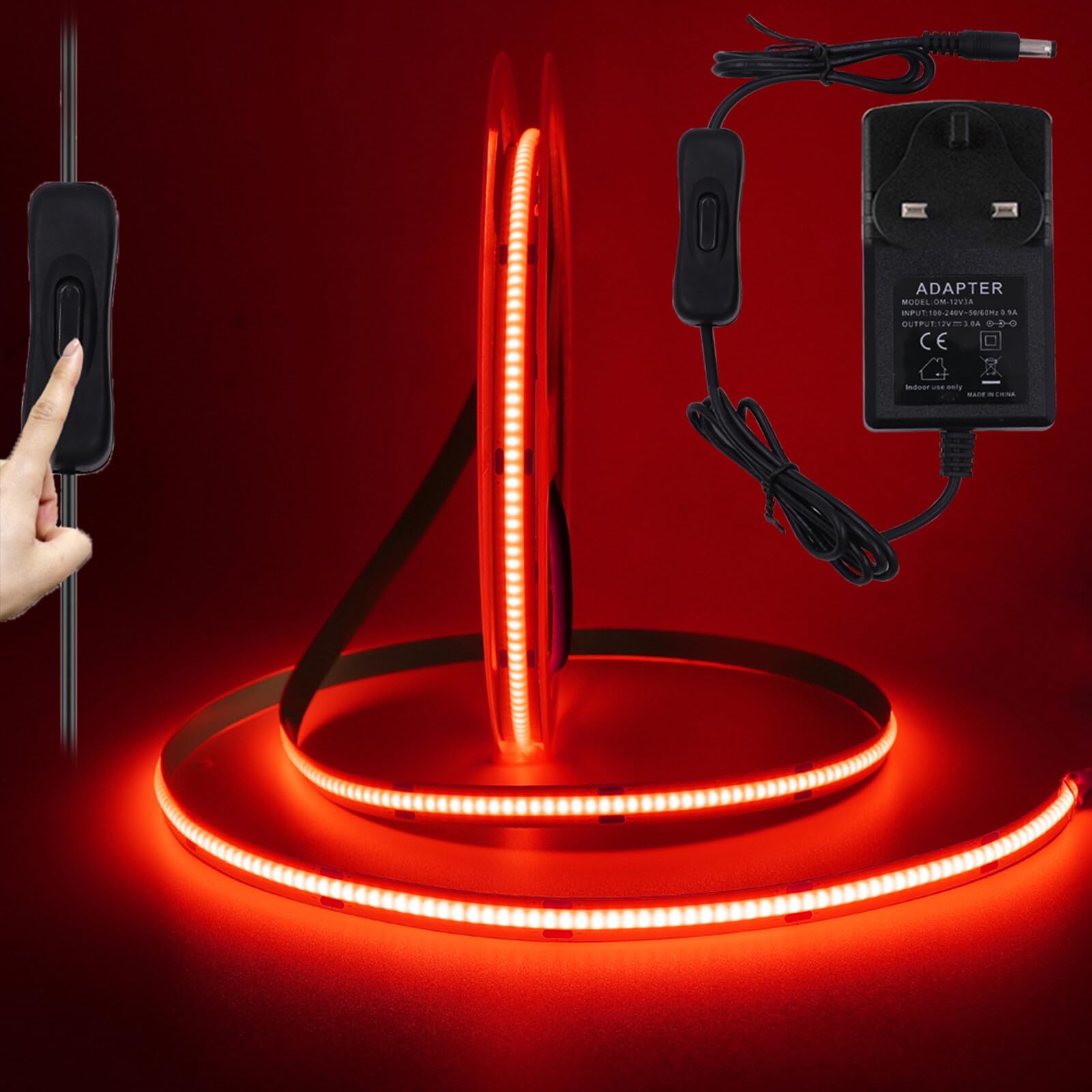 KAFULA 12V COB LED Strip Light with on/Off [4m, red Light], 320 LEDs/m Flexible FCOB LED Fairy Light CRI90+, can be Cut Every 50mm, Suitable for Bedroom Kitchen Courtyard Party Decoration
