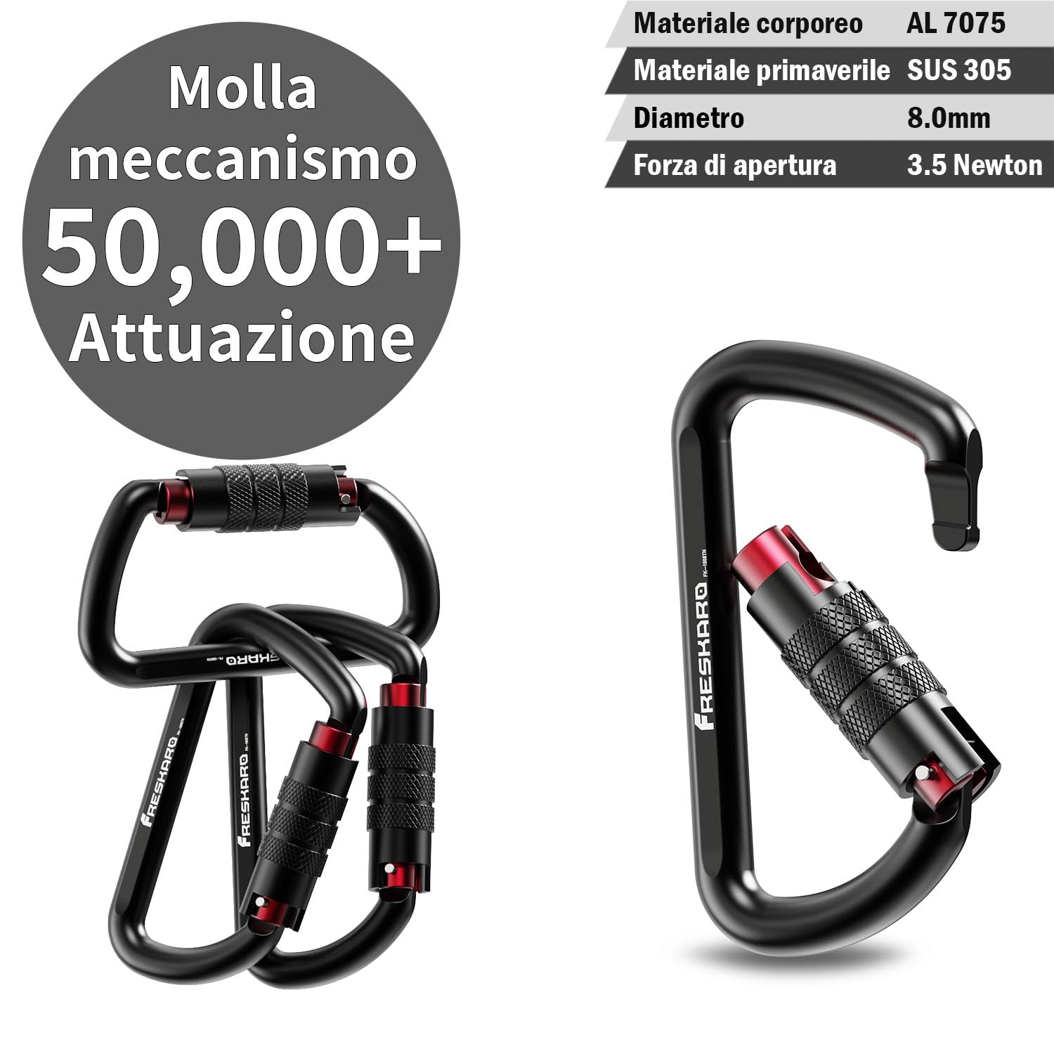 FresKaro Nuove Clip per Moschettone di Bloccaggio, Resistenza alla Trazione 1224 kg, Moschettoni in Alluminio, per Amache, Altalena Yoga, Campeggio, Portachiavi, chiusura di sicurezza per cani, 2pezzi