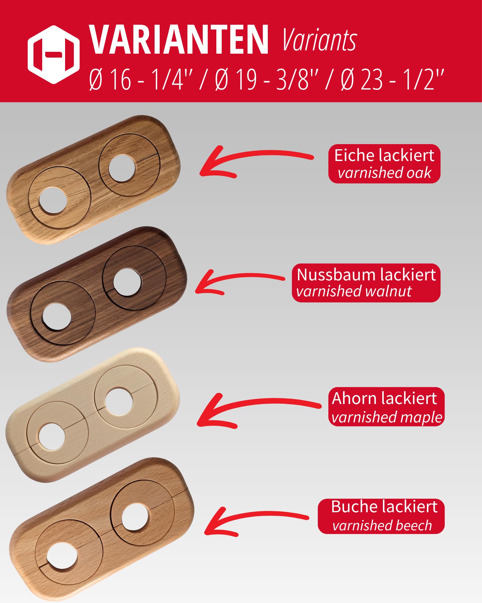 Gedotec Grzejnik podwójna rozeta dąb – otwór 19 mm – zmienny odstęp między rurami 41–66 mm – 122 x 58 mm – drewno lakierowane – pokrywa rury, rozeta grzewcza – Made in Austria (dąb 19 mm)