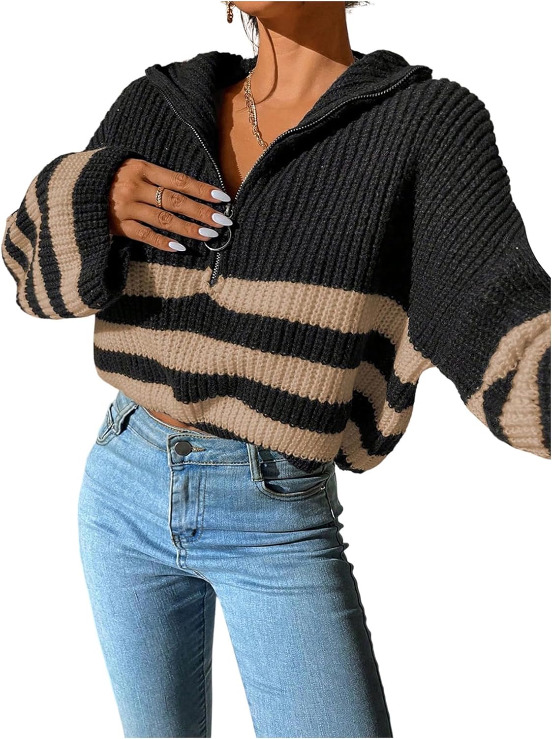Milumia Women's Striped Color V Neck Crop Sweater Long Sleeve Drop Shoulder Pullover Tops Black and Brown Medium