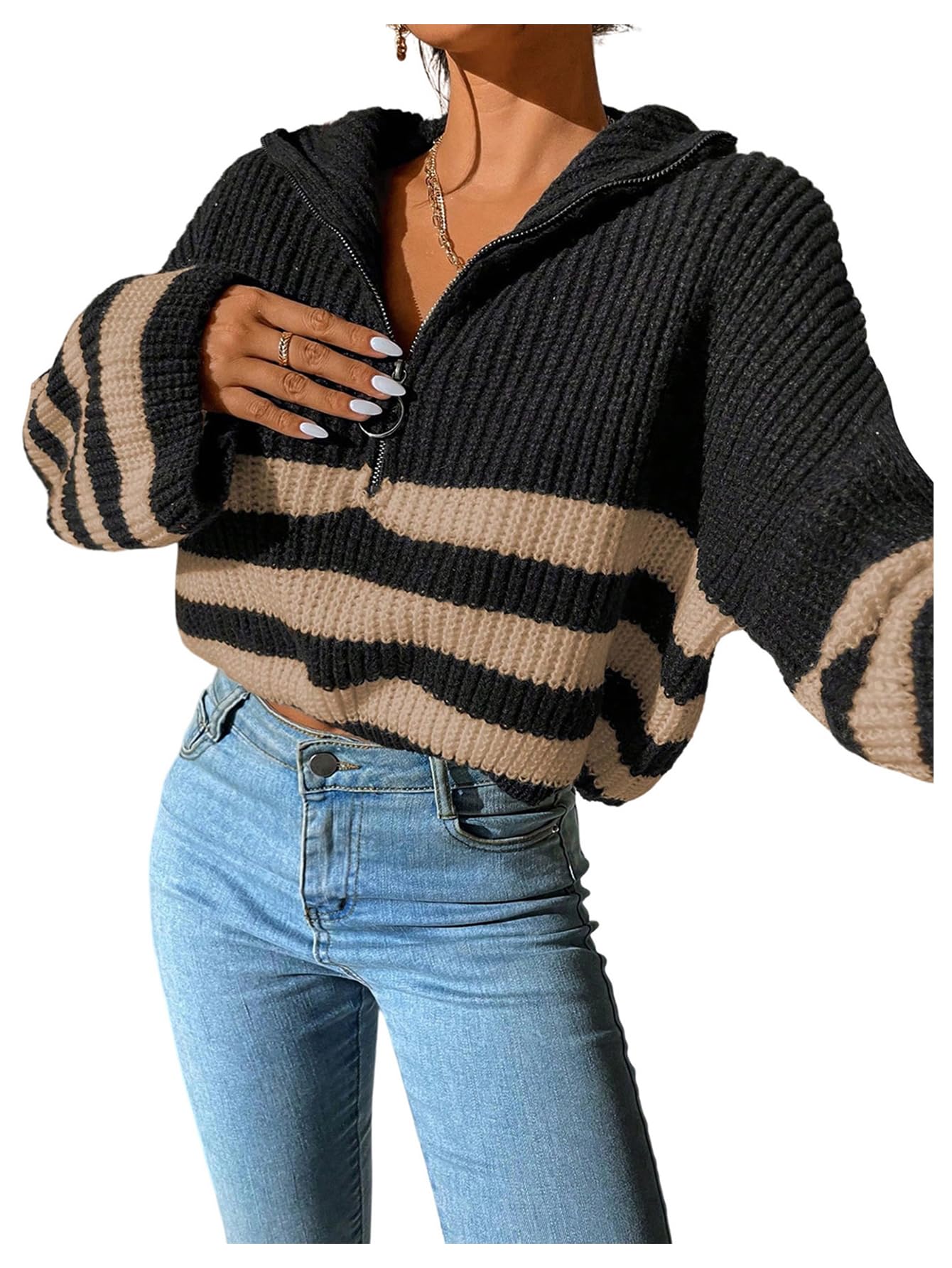 Milumia Womens Striped Color V Neck Crop Sweater Long Sleeve Drop Shoulder Pullover Tops Black and Brown X-Small