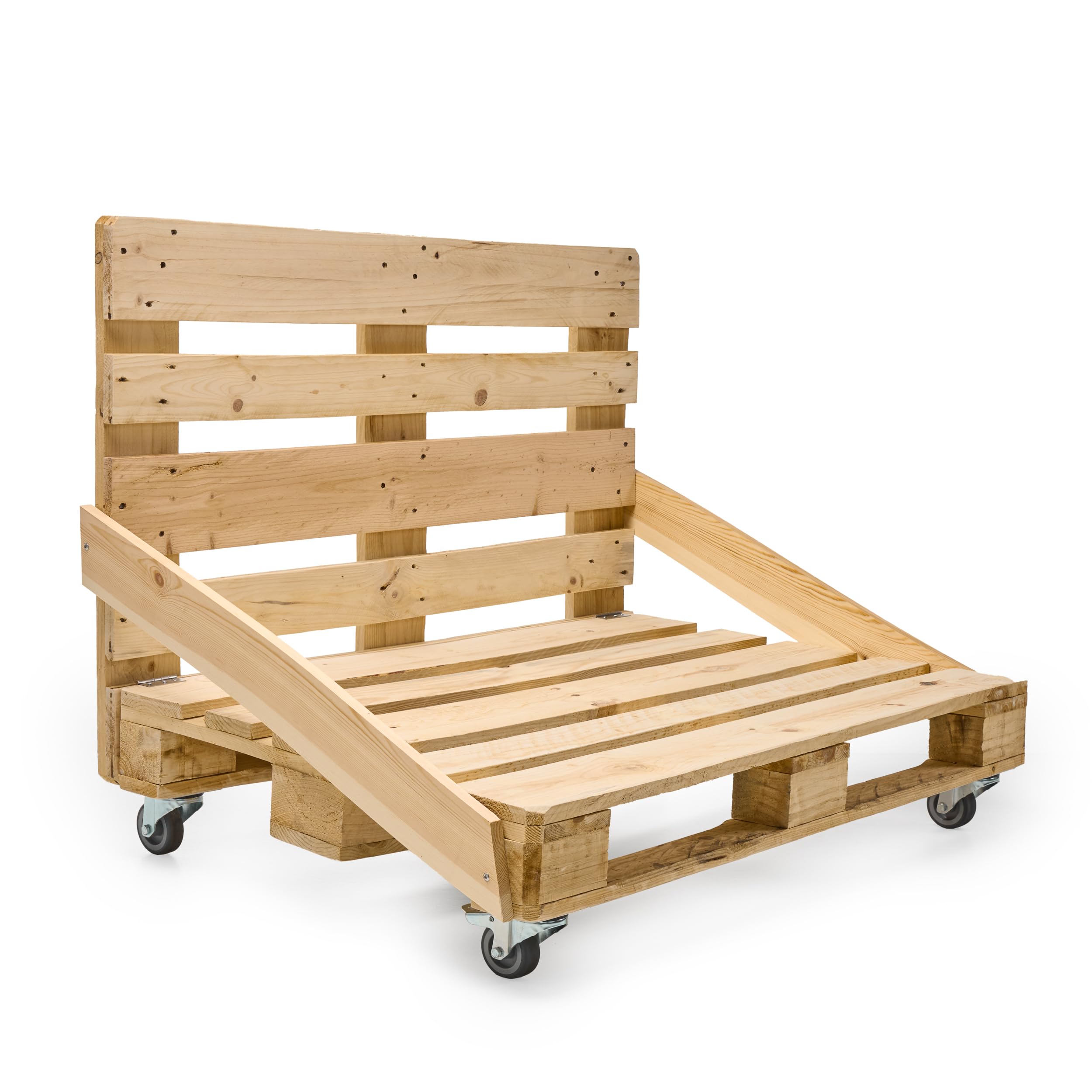 Sofá palet de madera exterior de 120x80 cm reciclable y sin tratar con respaldo para zonas chill out