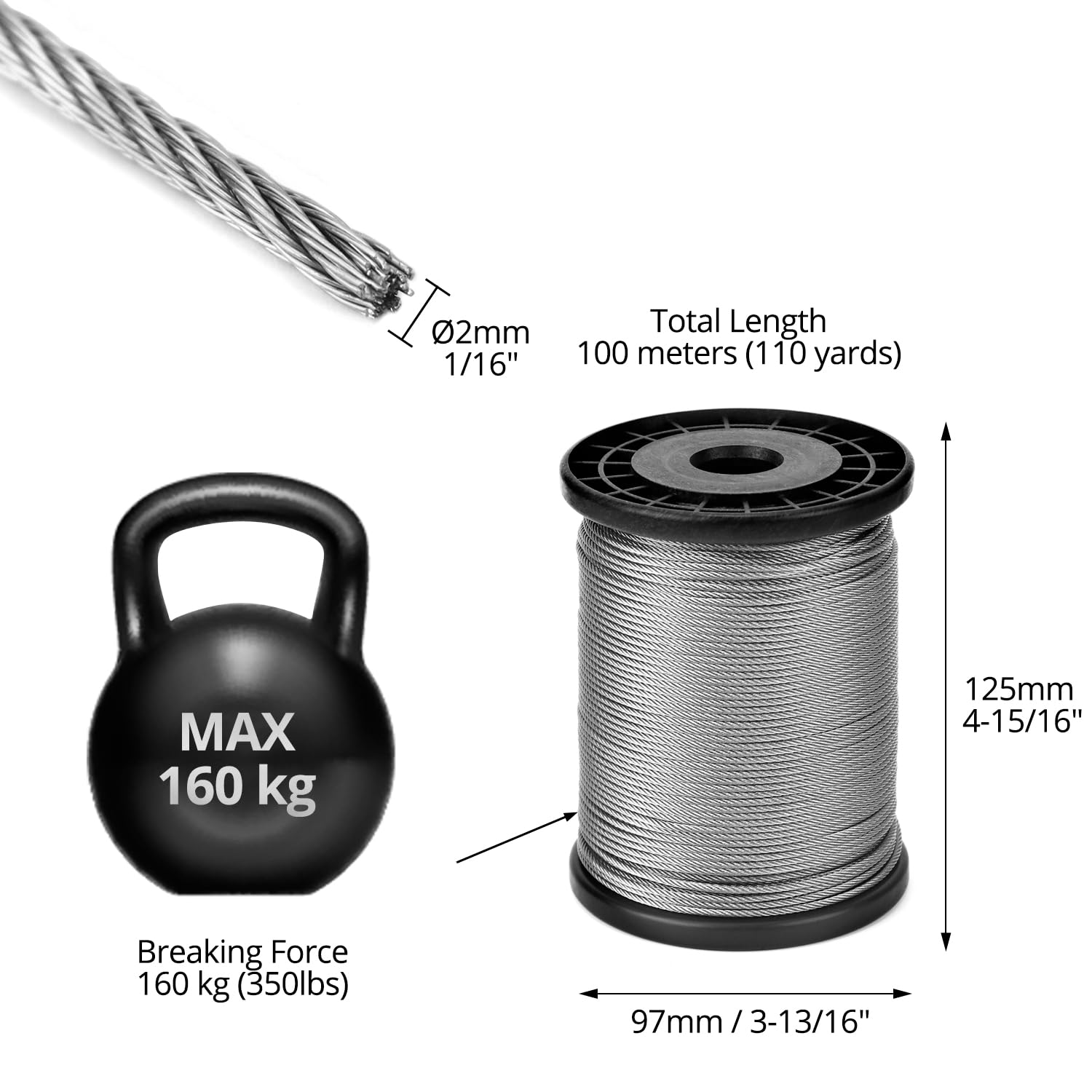 QWORK® Cavo acciaio da 2 mm x 100 m, Acciaio inox 316, Capacità di carico sicura di 50 kg, forza di rottura di 160 kg, Ultra antiruggine per uso interno/esterno