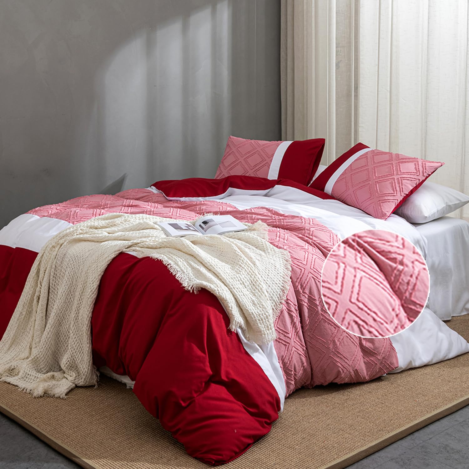 Gezu Bettwäsche 135x200cm 2Teilig Rosa Altrosa Weiß Getuftet Geometrische Bettwaren Set Boho Stickerei Bettwäsche Microfaser Böhmen Weiche Bettbezug mit Reißverschluss und Kissenbezug 80x80cm