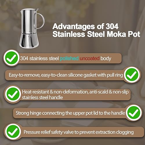 Miniatura 7 de Cafetera Moka Pot 304 sin recubrimiento de acero inoxidable grueso para estufa, cafetera de café expreso, estilo clásico italiano, Greca, Café,