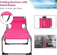 Vista 3 de GYMAX Silla bronceadora, tumbona de playa plegable con agujero para el brazo facial, respaldo ajustable, bolsillo lateral, almohada y asa