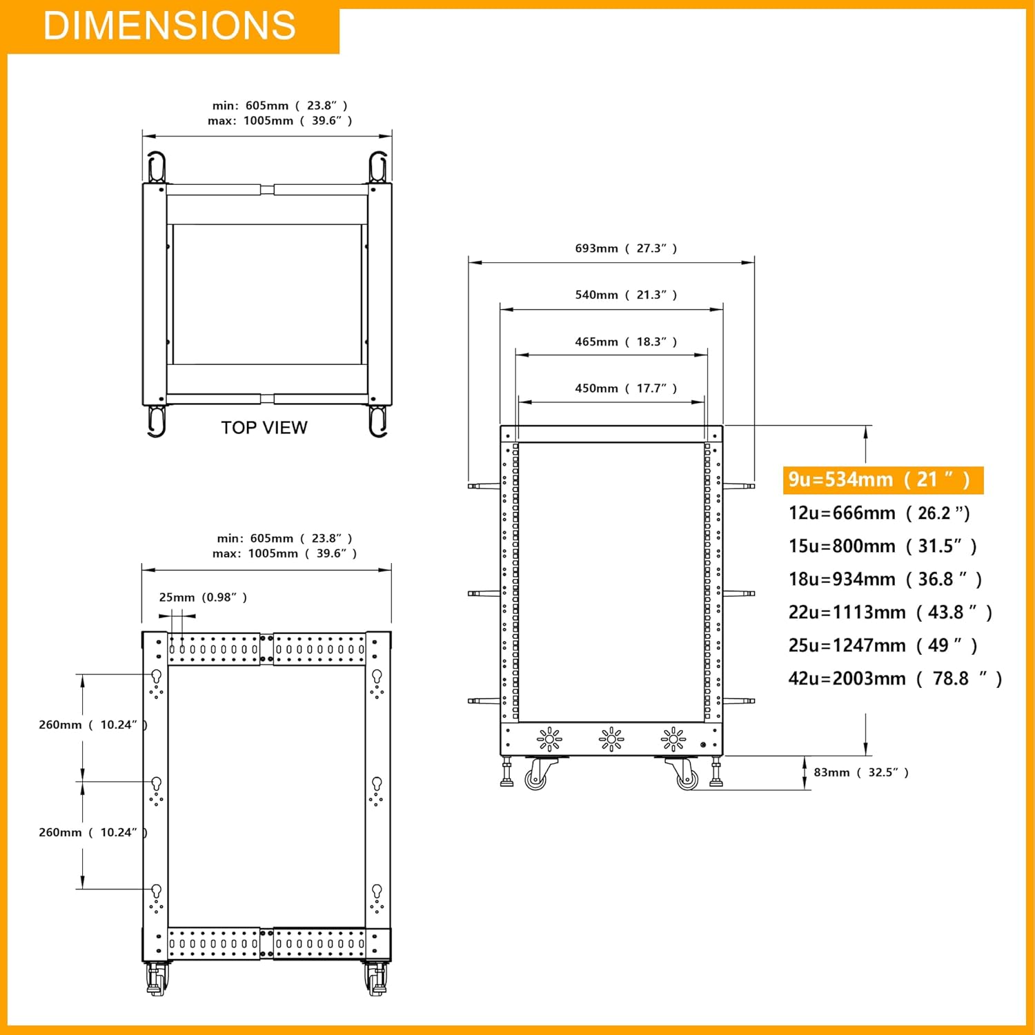 RIVECO 9U 19” Adjustable Depth Server Rack Support Up to 1700LBS Floor Standing 4 Post Rack with Load-Bearing Casters Universal for Network Equipment Black