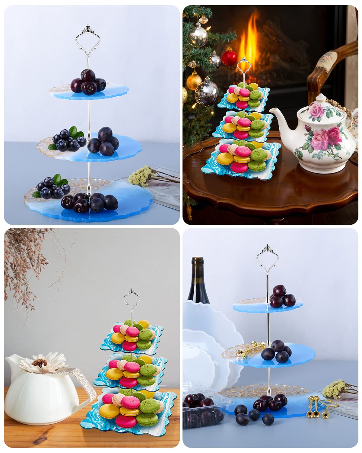 Paquete de 2 soportes para pasteles de 3 niveles, molde de silicona para pasteles con 6 soportes de corona y 10 láminas doradas, molde de fundición de resina para hacer platos de postre, soporte para 6