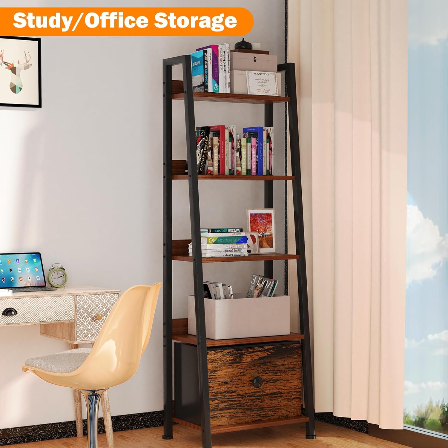 5-Tier Ladder Shelf, Ladder Bookshelf with Removable Drawer, Rustic Book Shelves with Storage Organizer, Wood Metal Freestanding Bookcase for Living Room, Home Office, Bedroom, Balcon