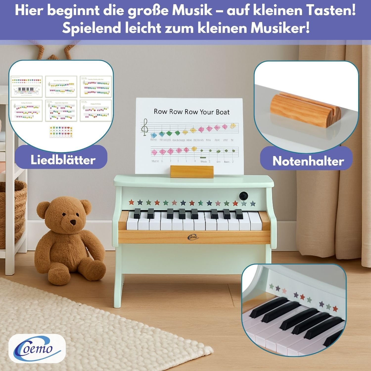 Coemo Kinder-Klavier, 42x25x29 cm, 25 Tasten Piano für Kinder, Mädchen | Musik Lerninstrument Spielzeug, Motorikspielzeug, Holzklavier für Kleinkinder, Jungen Klavier, Zwei Varianten, saubere Töne