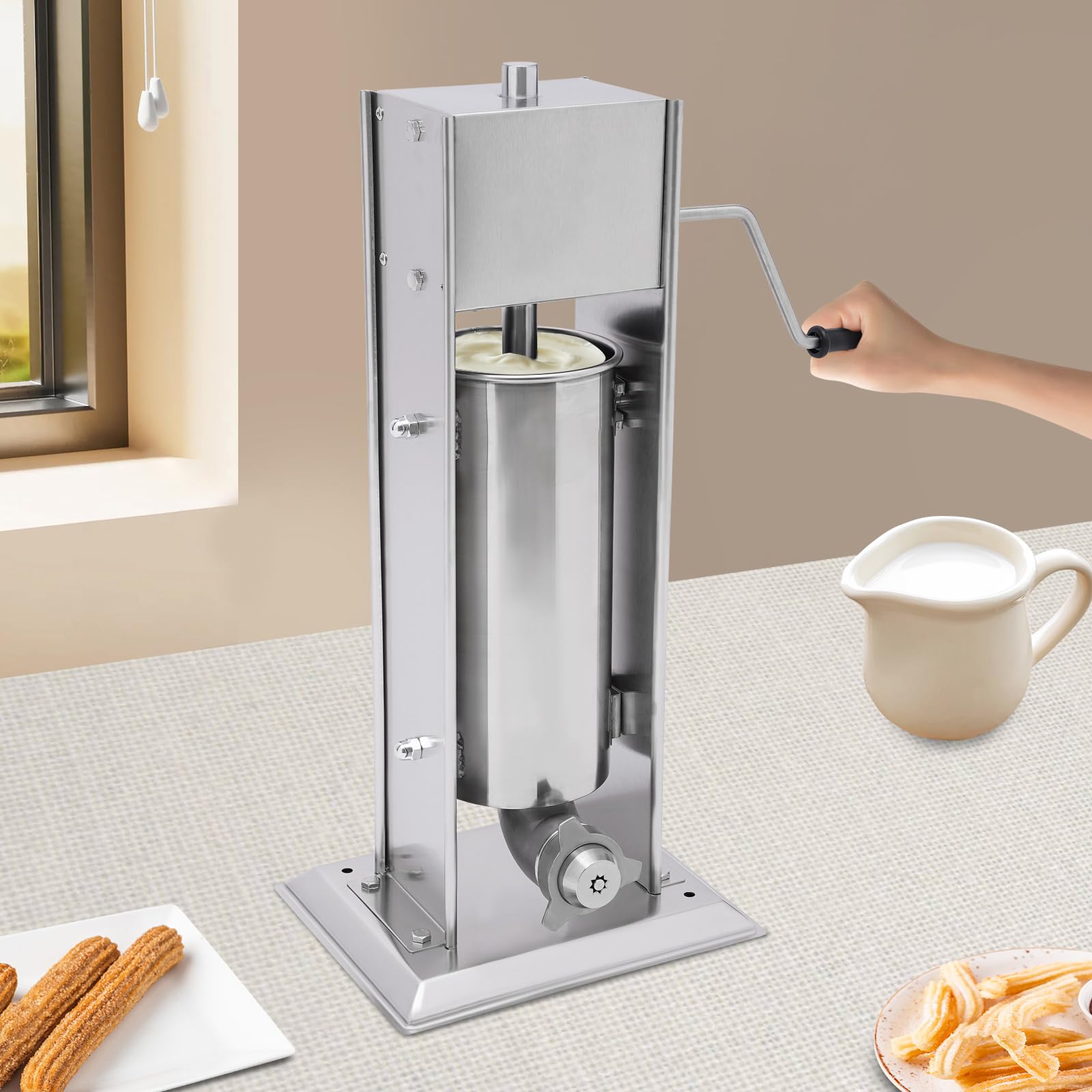 Machine à churros manuelle professionnelle de 5 l - Équipement de collation multifonction - En acier inoxydable - Avec 4 buses (3 formes différentes) - Pour un usage professionnel ou privé