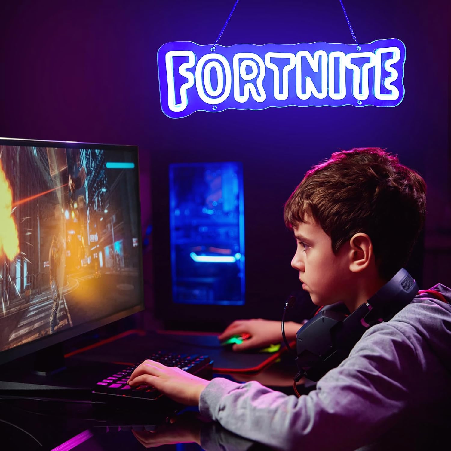 Gamer Neon Sign, Shooting Game Neon Signs for Wall Decor - 10 Level Bright Blue LED Light, Gaming Room Décor for Teen Boys Gift Ideas, 16.93x5.07in Acrylic, USB Powered, Perfect Gifts for Game Fans