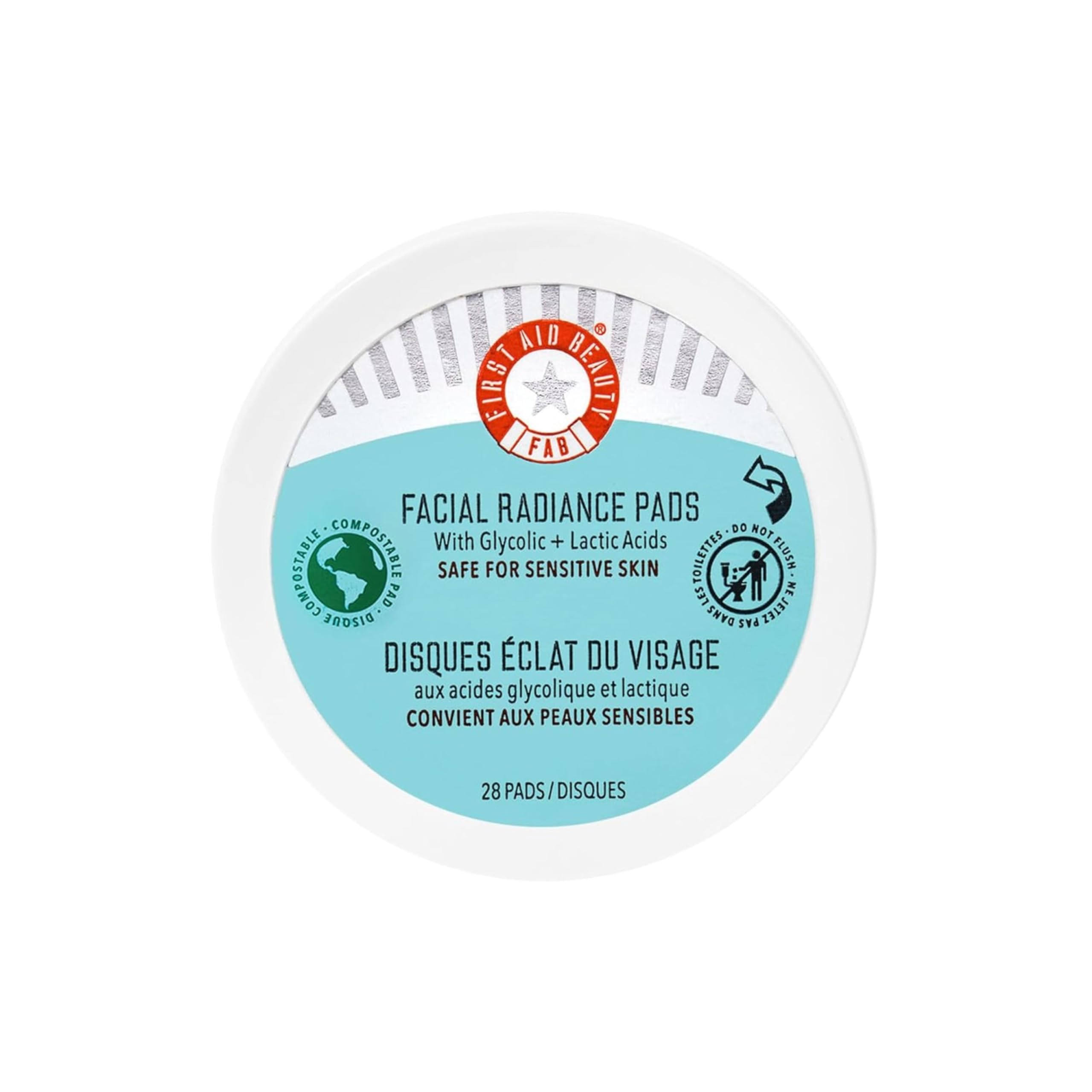 First Aid Beauty - Facial Radiance Pads with Glycolic & Lactic Acids, Daily Exfoliating Pads with AHA, Visibly Smaller Pores, Help Tone & Brighten Skin, One-Step Makeup Prep, Compostable, 28