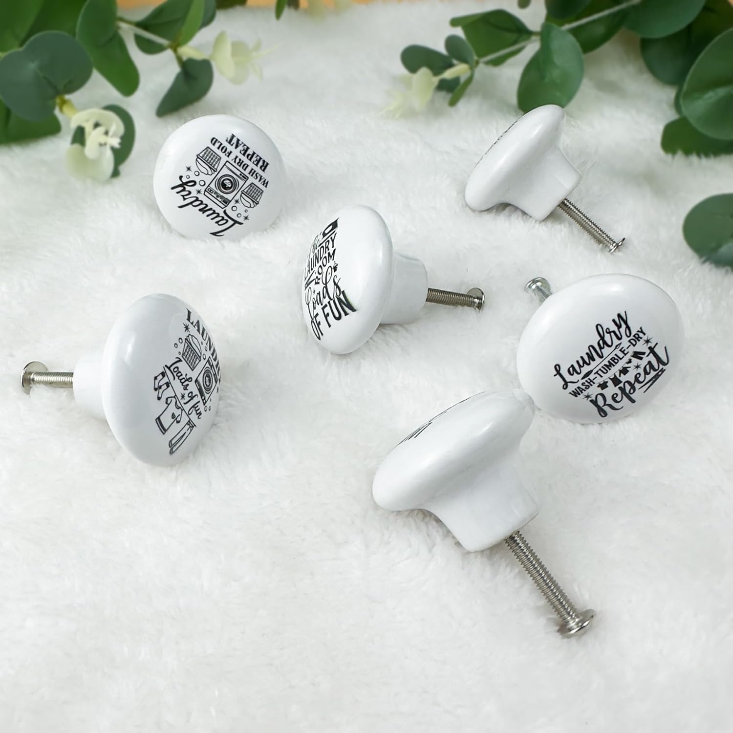 Set of 6 Ceramic Vintage Laundry Room Cabinet Drawer Knobs Black and White Furniture Cabinet Handles or Pulls 1.5 x 1.5 Inche
