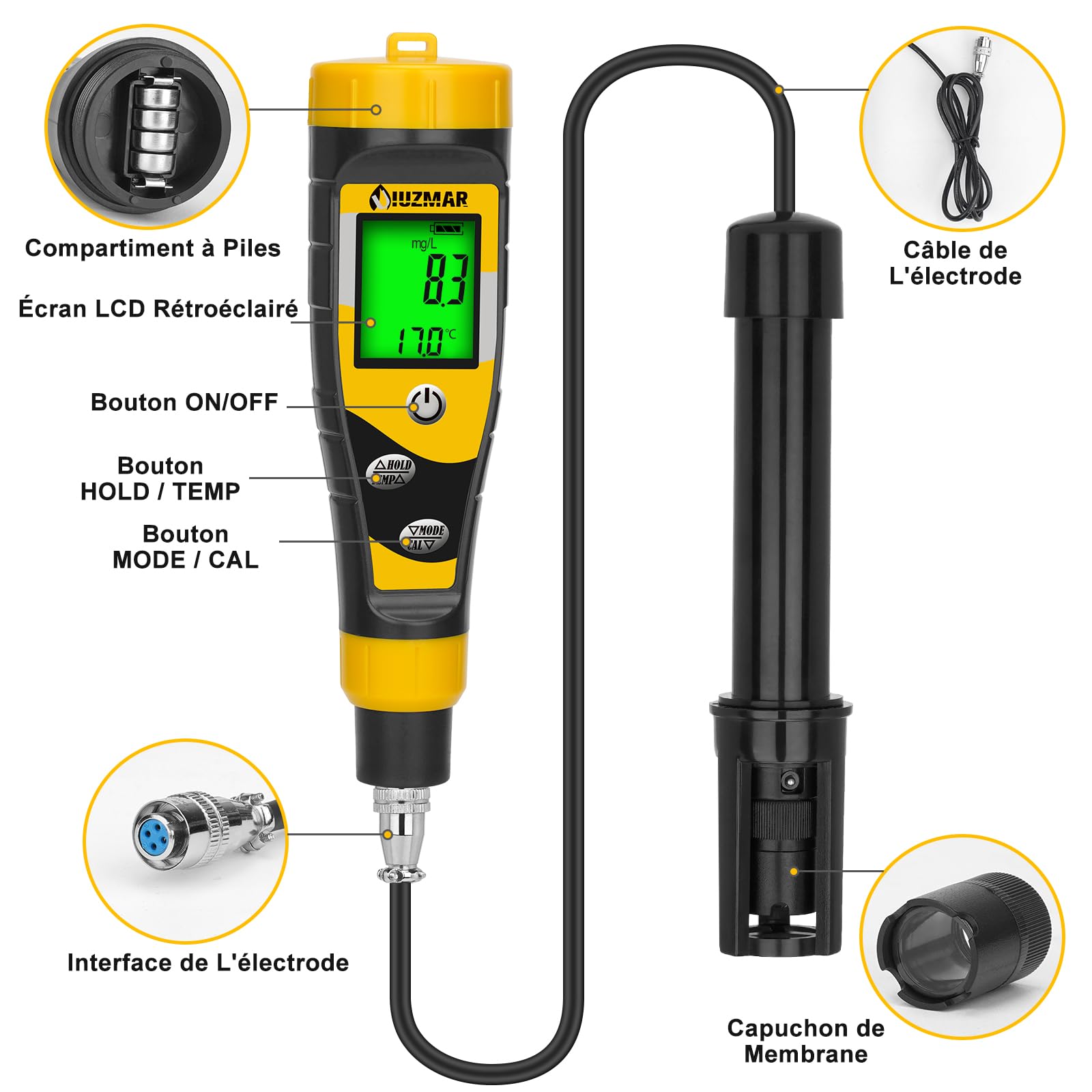 UIUZMAR Testeur D'oxygène Dissous Portable - Kit de Test D'oxygène Dissous avec Électrode de 3,6 Pieds - Pour Bassins, Aquariums, Aquaculture avec Plage de Mesure 0,0-40,0 mg/L