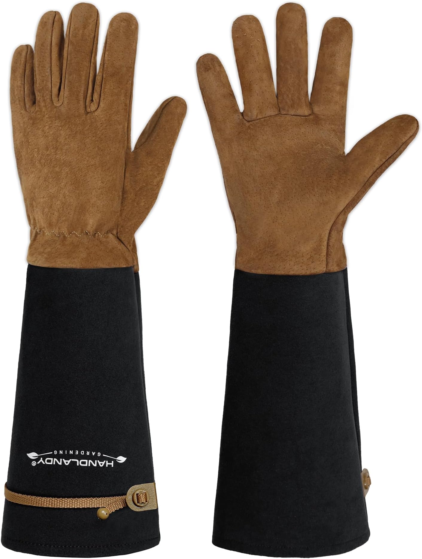 HANDLANDY Long Gardening Gloves for Men & Women, Pigskin Leather Rose Pruning Gloves, Breathable Thorn Proof Gauntlet Glove (Coffee Brown, M)