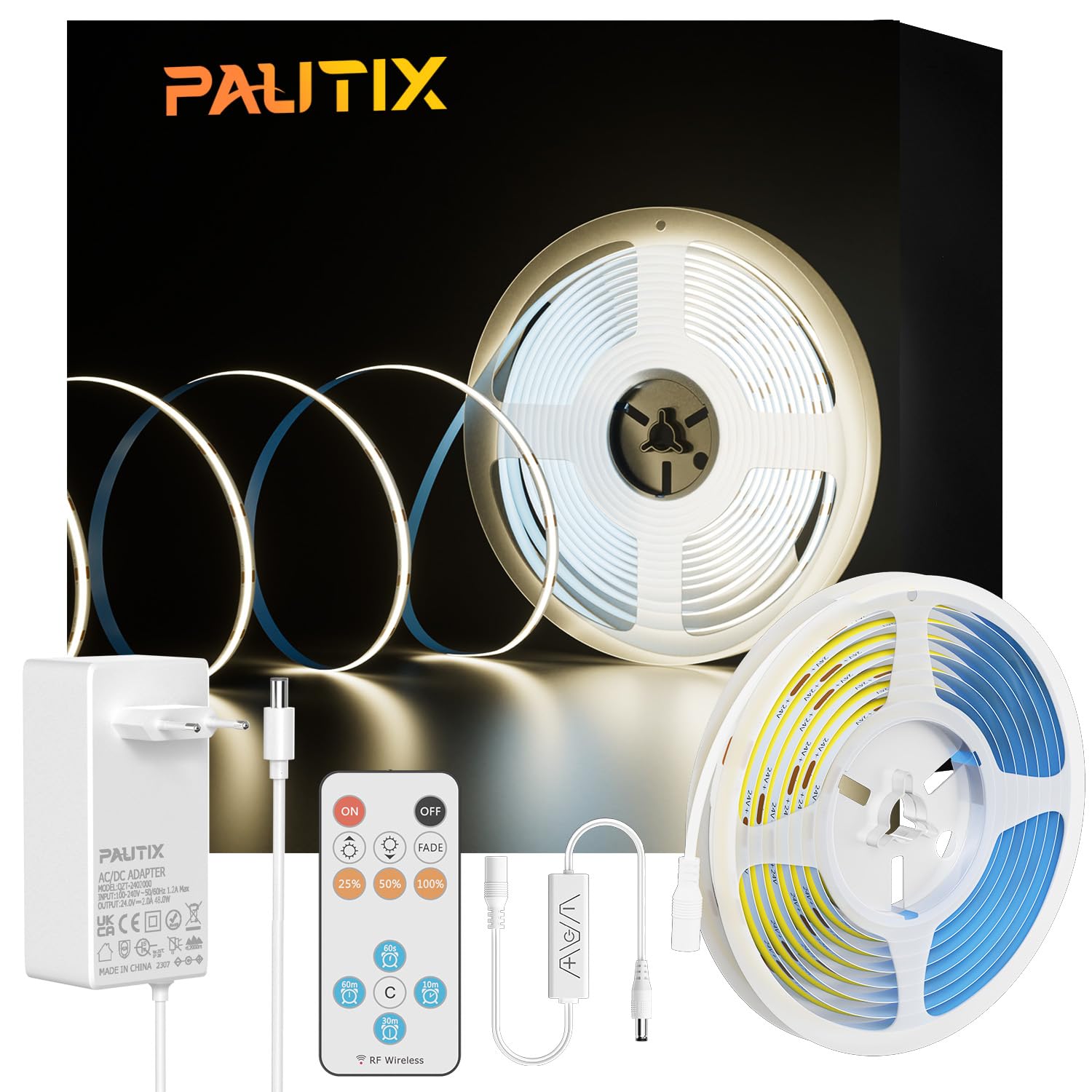 PAUTIX COB LED Streifen Bausatz 4000K Natürliches Weiß,Dimmbar 10M 4800LEDs DC24V LED Strip Light,High Lumen LED Band Kit mit RF Remote Timer Funktion und GS Netzteil für Heim und Küchenbeleuchtung