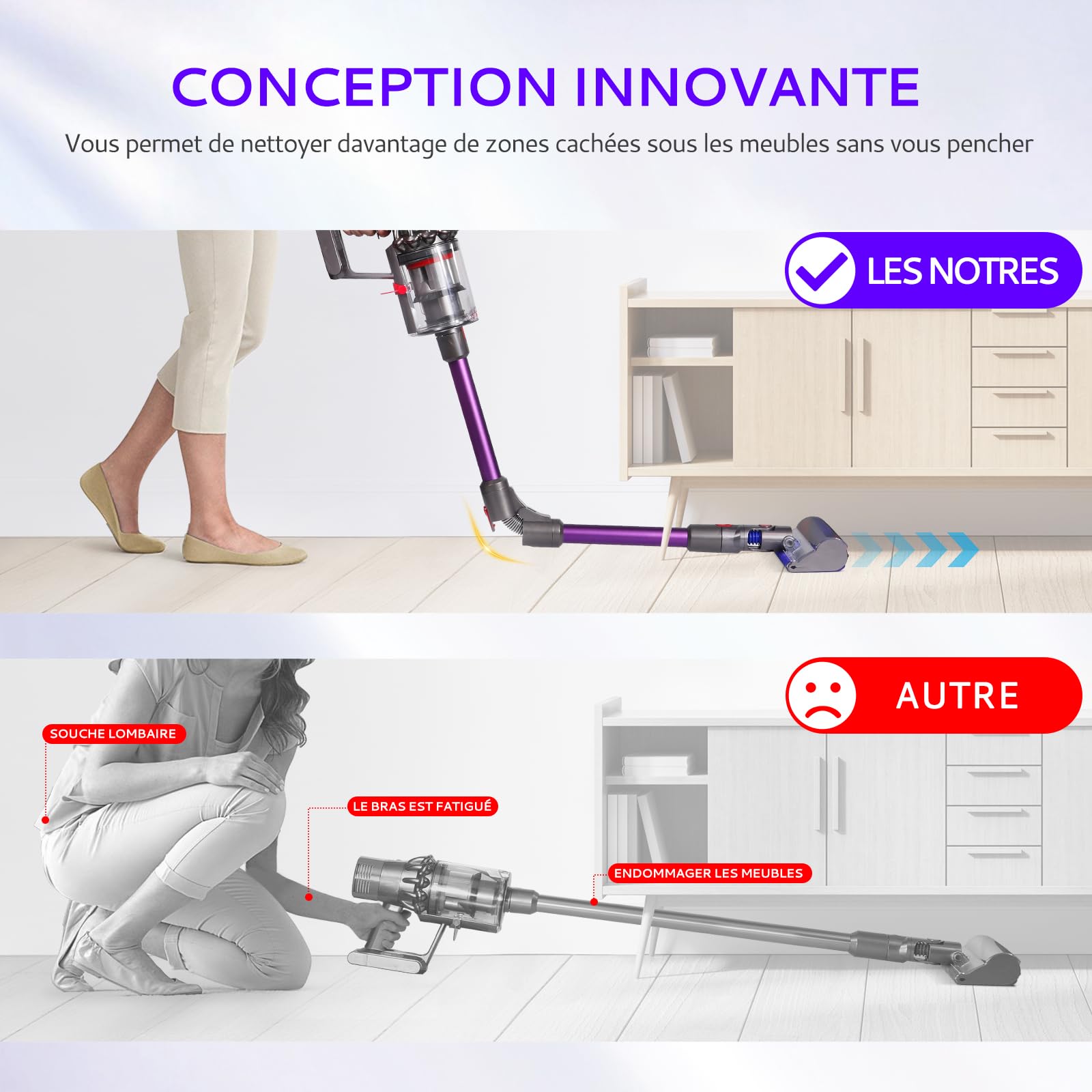 Tubo telescópico compatible con Dyson V7 V8 V10 V11 V15 aspiradora sin cable, tubo de aluminio con cierre rápido mejorado para limpieza debajo de la cama y la mesa de centro (Morado)