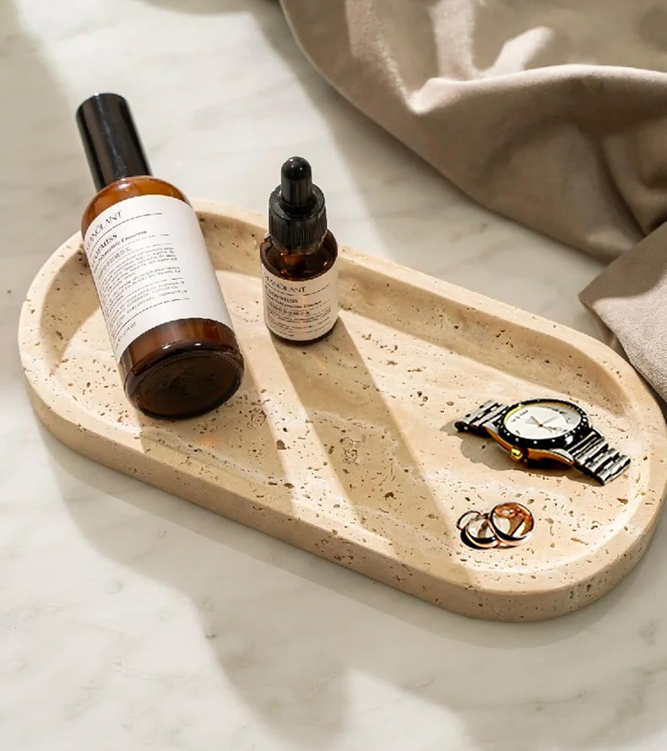 Natural Oval Travertine Vanity Tray 11.8 x 5.9inches, Beige Marble Stone Tray Dish Bathroom Catchall Tray for Jewelry Perfume Candle, Large Decorative Tray for Bedroom/Counter/Home Decor