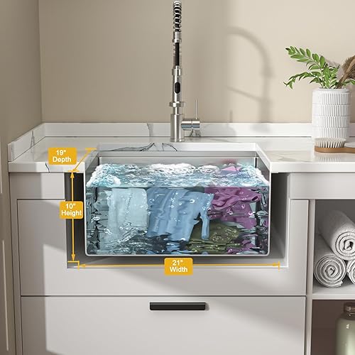 Miniatura 5 de Fregadero de lavandería de montaje inferior 21 x 19 pulgadas, estación de trabajo de acero inoxidable calibre 16, bajo encimera, fregadero profundo