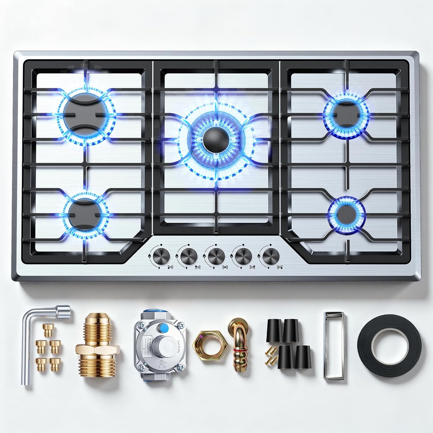 Gas Cooktop 36 Inch ROVLEP, Gas Stove Top Built-in 4 Burners Stainless Steel Total 37,600 BTU, 36 Inch NG/LPG Convertible Propane Cooktops Dual Fuel, RV Stove Top with Thermocouple Protect