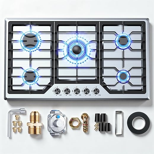 Gas Cooktop 36 Inch ROVLEP, Gas Stove Top Built-in 4 Burners Stainless Steel Total 37,600 BTU, 36 Inch NG/LPG Convertible Propane Cooktops Dual Fuel, RV Stove Top with Thermocouple Protect