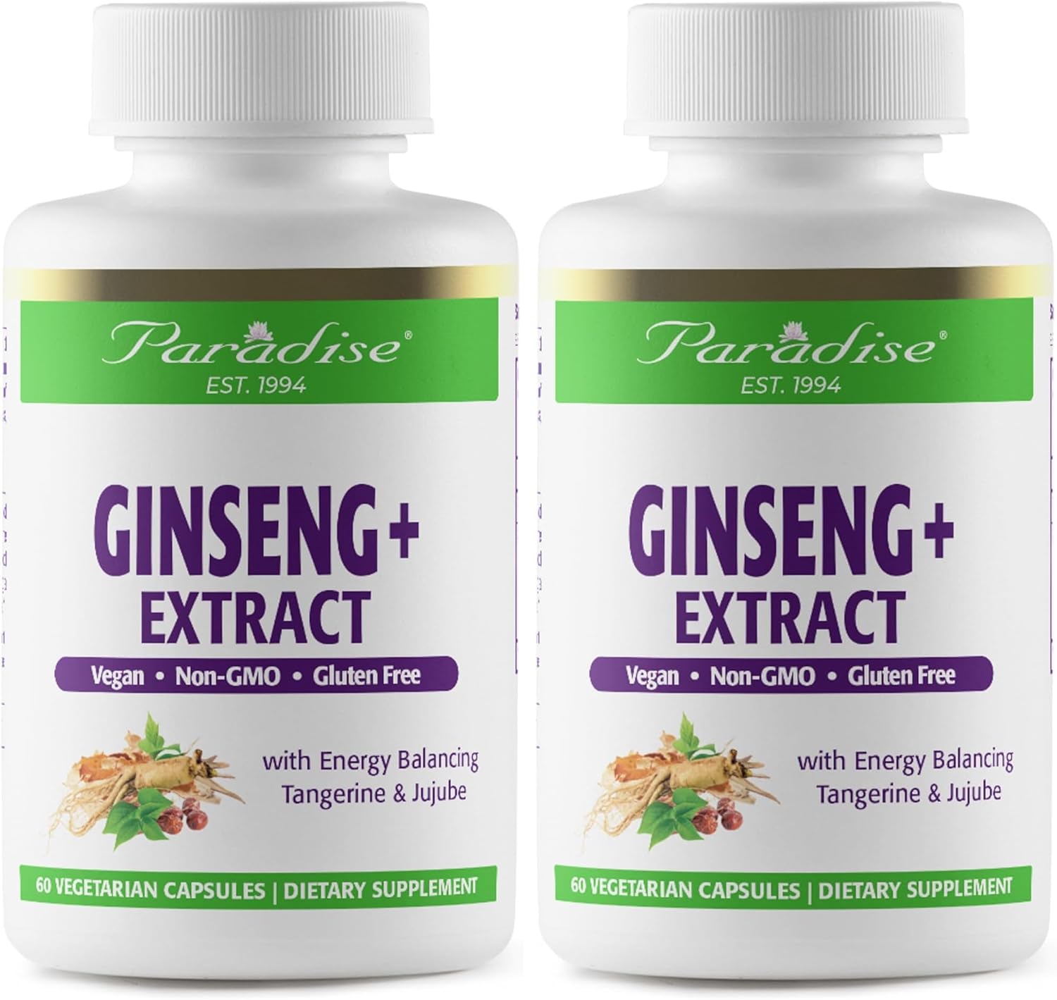 Paradise Herbs Ginseng Root Extract for Energy & Well-Being, Vegan, Non GMO, Gluten Free, Vitamin B1, B2 & B12, 60 Capsules (Pack of 2)