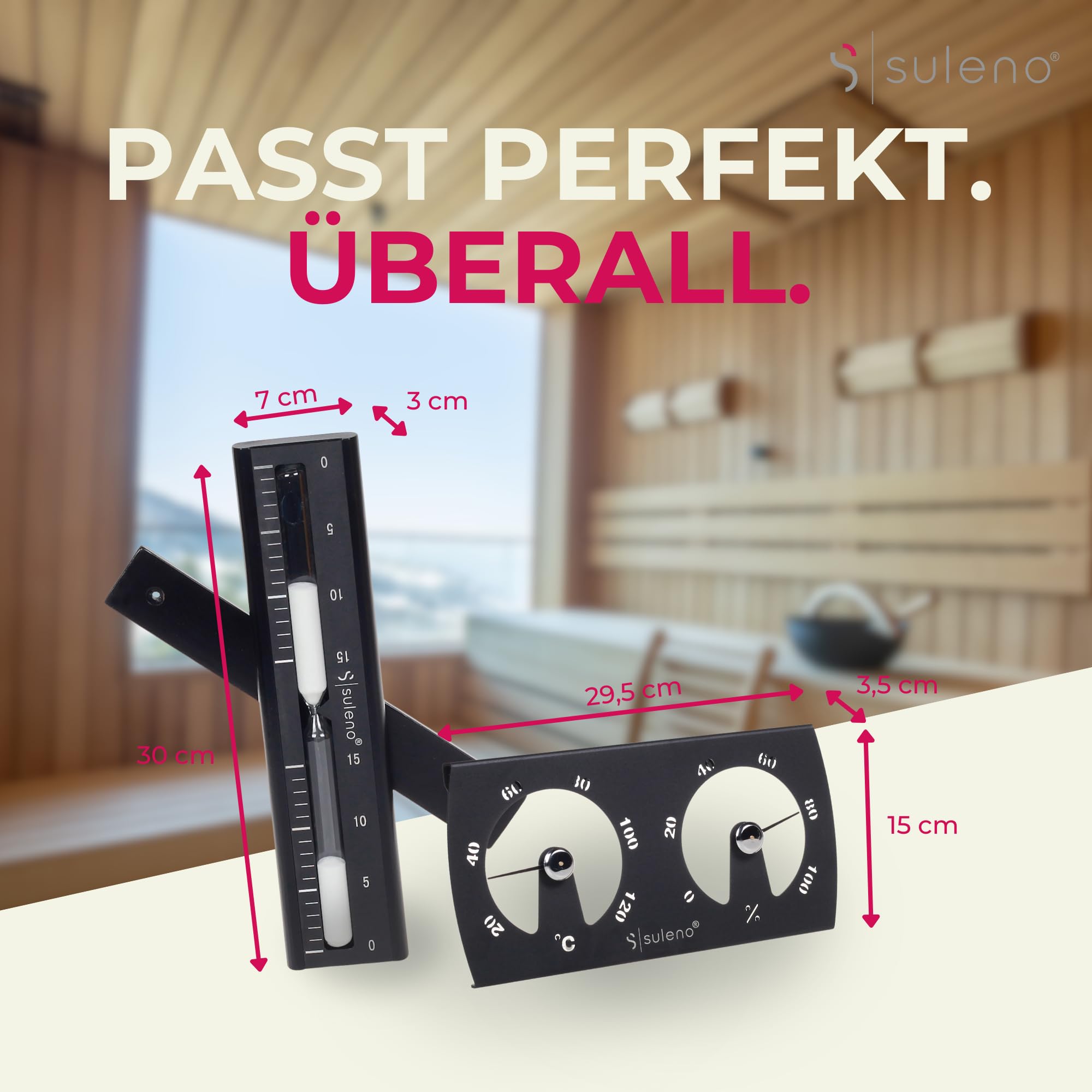 SULENO Sauna Set KJELL 2-teilig, Sanduhr 5-15 Minuten, Klimamesser, Schwarz | Thermometer 20-120°, Hygrometer 0-100%, Saunazubehör, hitzebeständig, modern, Wandmontage, Sandclock, Zeitmesser, Messgerät
