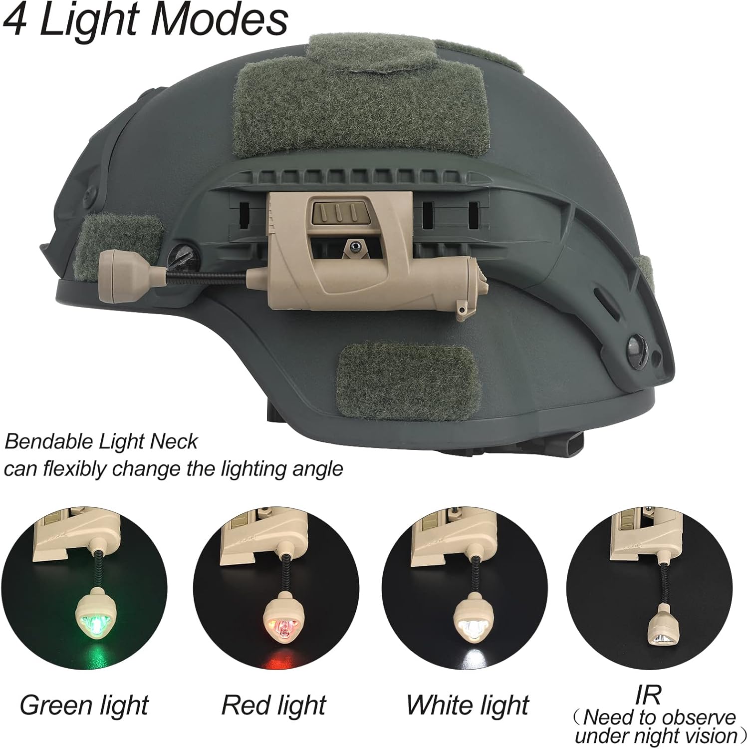 Tactical Helmet Light with 2 Helmet Lamp Mounts + Helmet Signal Light with IR Strobe + 5-Speed Green LED Strobe