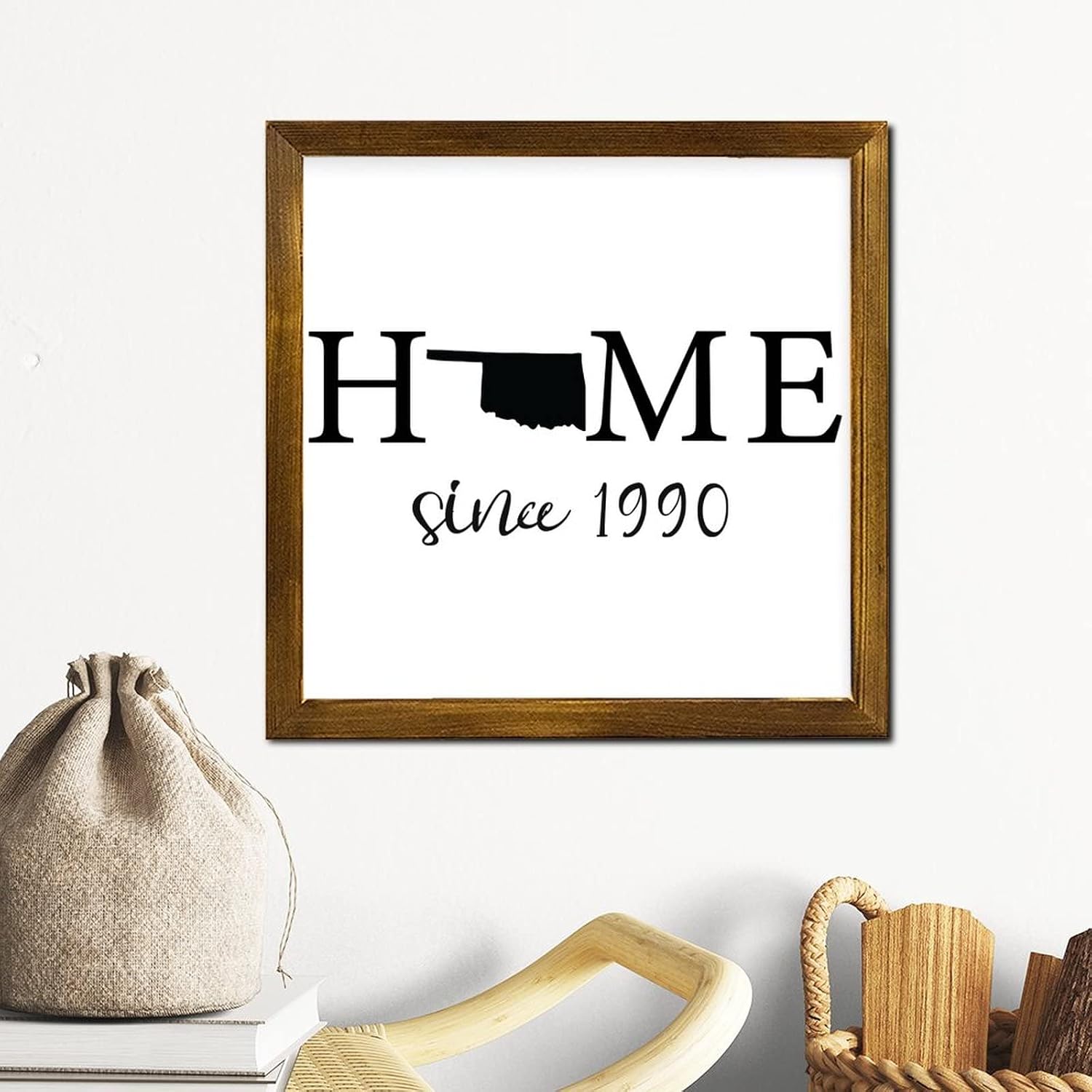 Oklahoma Home Since 1990 Framed Wooden Signs Quote Saying Positive Wall Plaque Rustic Wood Hanging Wall Art Decorative for Grandpa Papa Dad Boyfriend Teacher 12x12 Inch