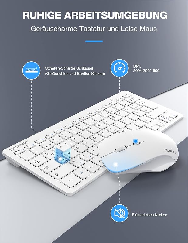 TECKNET Vezeték Nélküli Billentyűzet-Egér Szett, Német QWERTZ Kiosztás, 15m Hatótáv, Csendes Gombokkal, PC/Laptop/Smart TV Kompatibilis, Feh