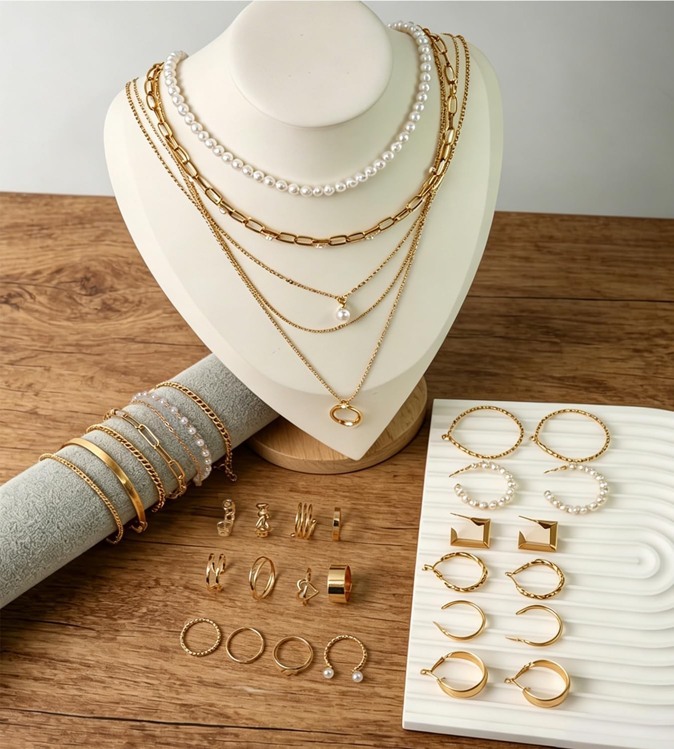 30 Pcs Gold Jewelry Set for Women with 6 Necklaces, 6 Bracelets, 6 Earrings, 12 Knuckle Rings Gold Plated Accessories for Women Gift