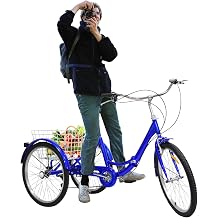 Tricycle Adult Foldable 24'', Adult Trike Bike with Basket 7 Speed, Adjustable Heights, Three Wheel Bikes for Adults for Outdoor Sports Shopping, Blue