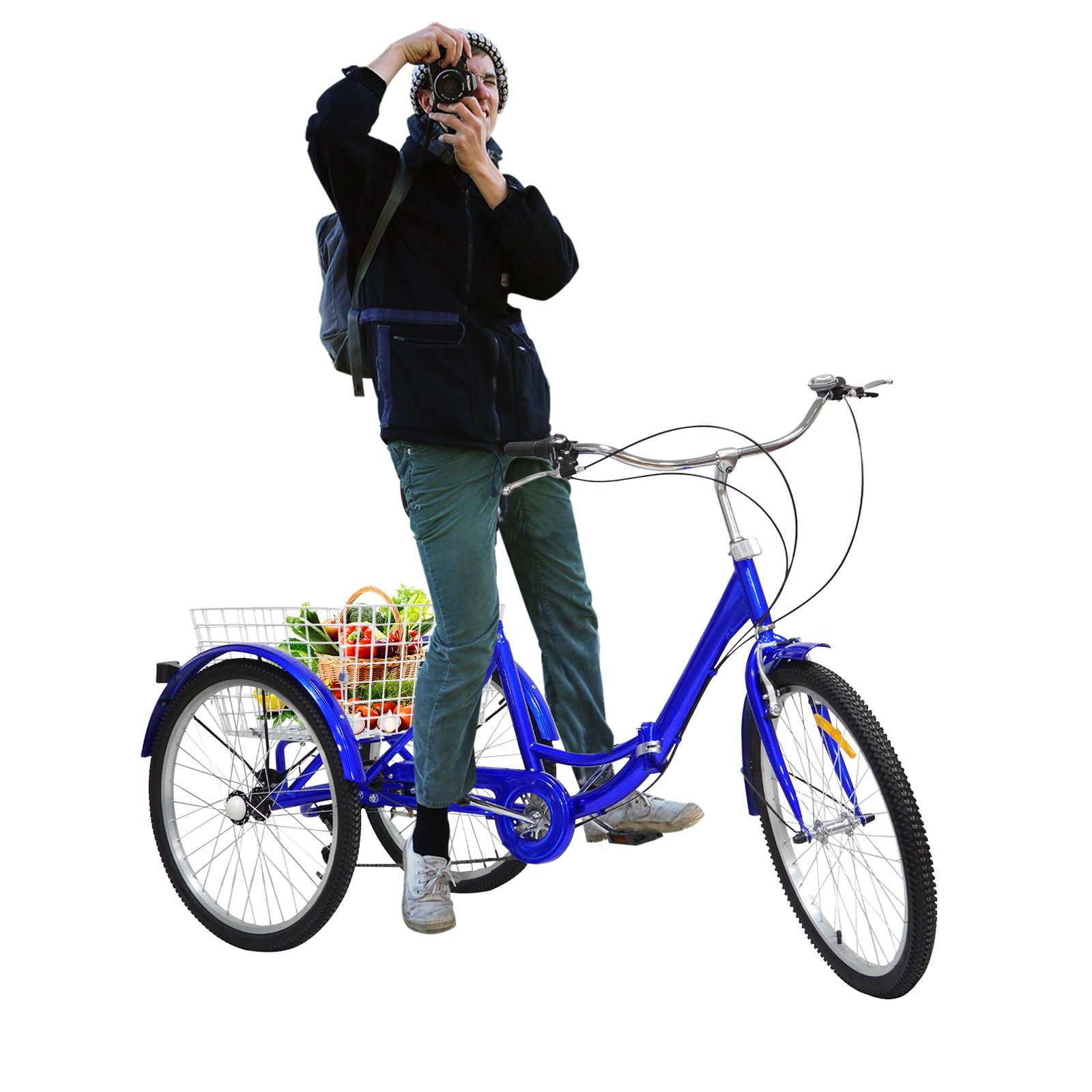Triciclo pieghevole da 24 pollici per adulti, bicicletta da tempo libero a 7 velocità, triciclo da carico con schienale e cestino per la spesa, ideale per fare la spesa e per i picnic, blu