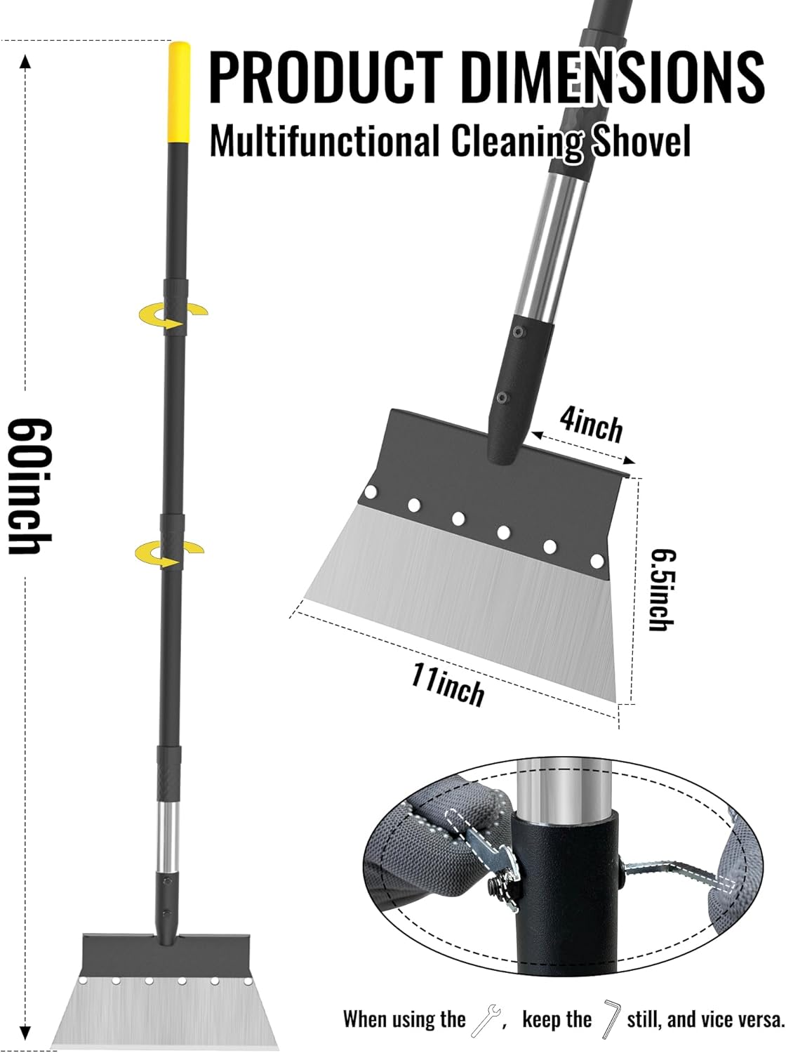 Garden Flat Shovel, Heavy Duty Multifunctional Cleaning Shovel with 60" Adjustable Long Handle, Metal Floor Scraper Tool for Weeding, Scraping, Ice & Snow Removal, Driveway, Sidewalk, Garden, Outdoor