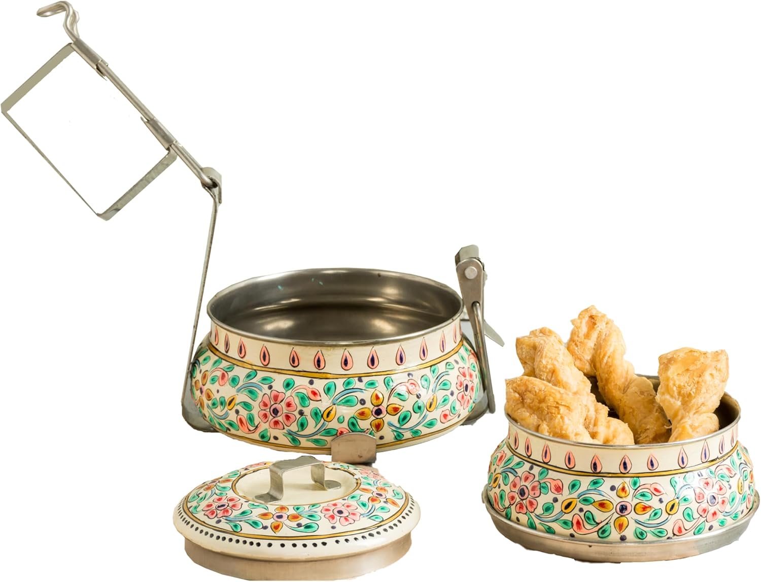 Handmade Stainless Steel Tiffin Box (Blue-Green-Pink, Three Tiers)