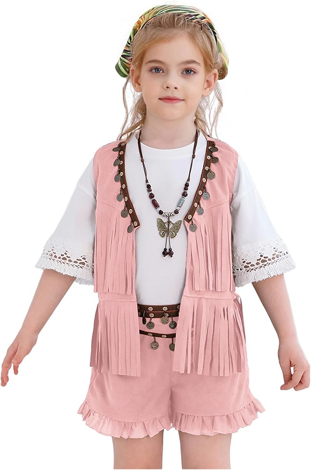 Kids Cowgirl Outfit 3 Piece Set Faux Suede Fringe Vest and Tassel Shorts Western Dance Wear