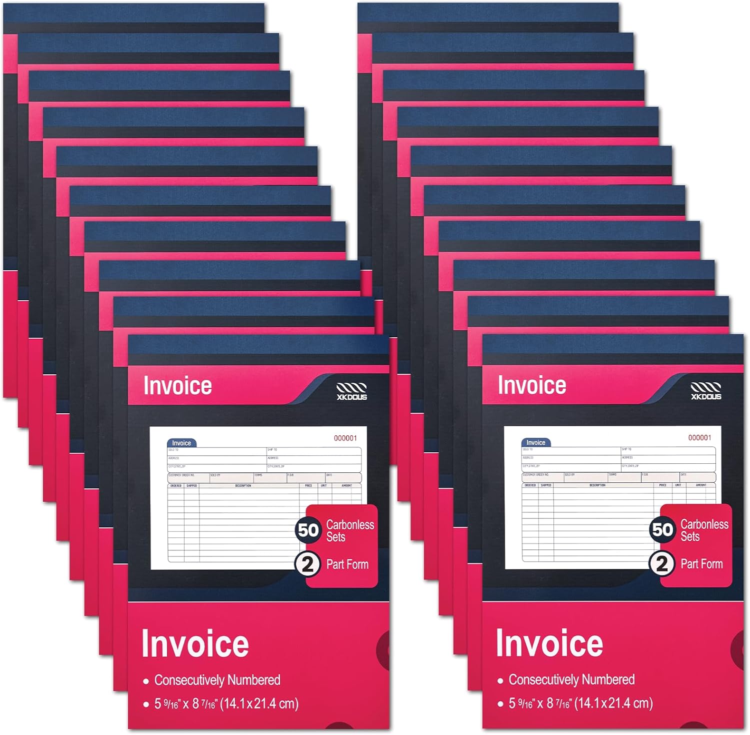XKDOUS 20 Pack Invoice Book, 2-Part Carbonless, 5-9/16" x 8-7/16" Invoice Receipt Book for Small Business, 50 Sets per Book