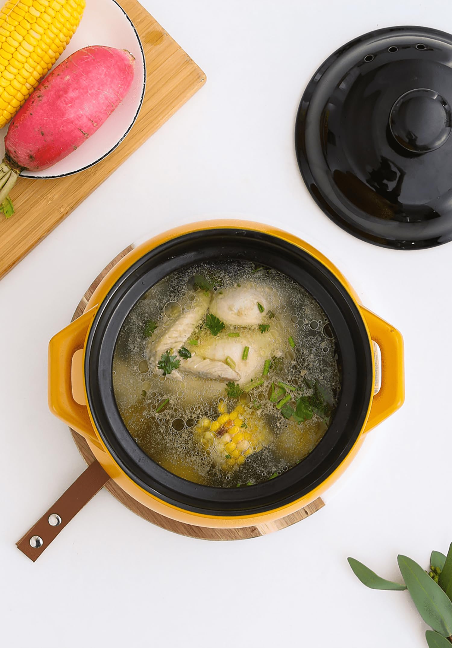 olla de cerámica, Olla de cerámica con tapa doble asa, sopera pura(Black and yellow,3.8L)