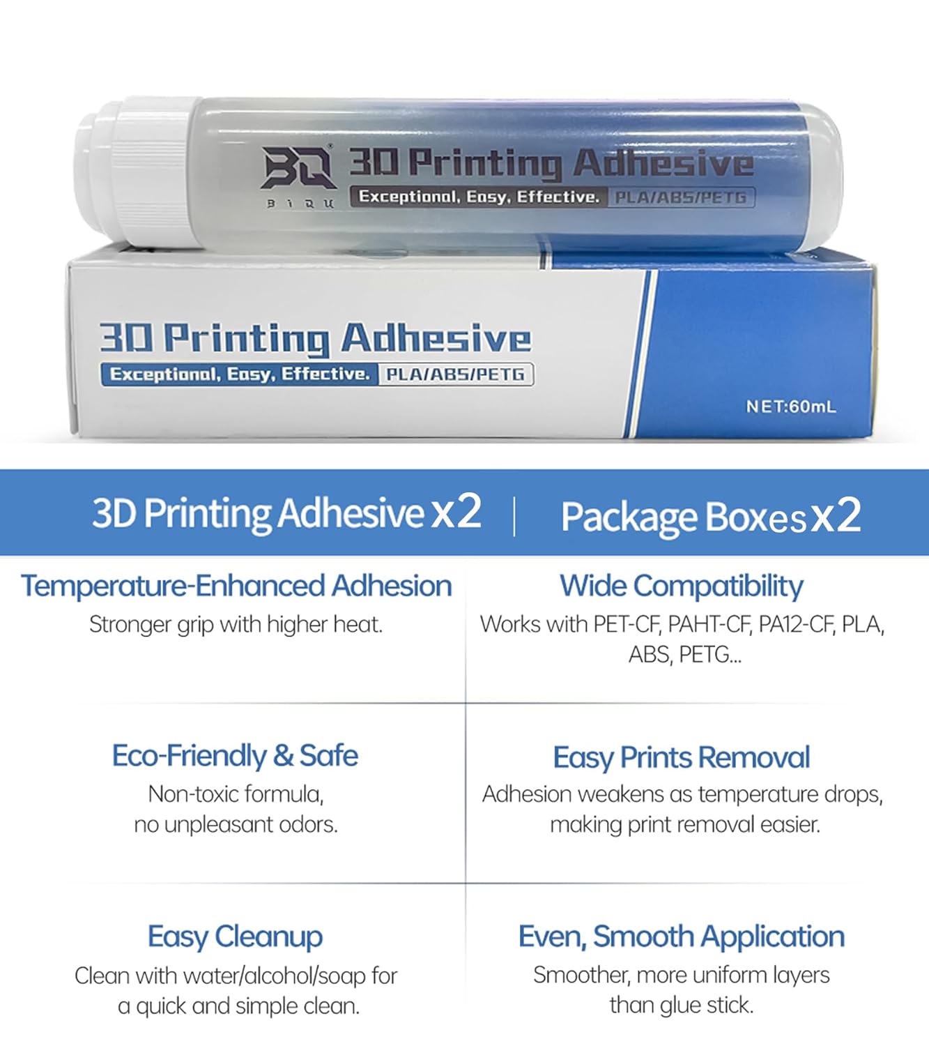 2-Pack 3D Printer Glue Adhesive for Heat Bed, Compatible with Bambu-Lab Printers, BIQU Panda Glue for ABS PLA PETG TPU on Various Build Plates, Stronger Grip Than Glue Stick Warping-Free, 120ml