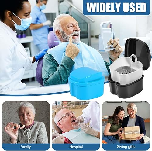 Miniatura 27 de Paquete de 2 cajas de baño para dentaduras postizas, contenedor de almacenamiento con cesta coladora para limpieza de viajes (azul claro y azul)